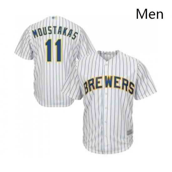 Mens Milwaukee Brewers 11 Mike Moustakas Replica White Home Cool Base Baseball Jersey